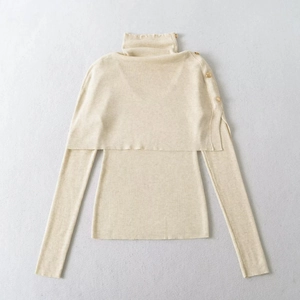Elegant beige knit two-piece set featuring high-neck bolero with gold buttons