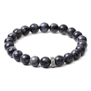Macro detail of natural labradorite beads bracelet with textured silver metal spacer