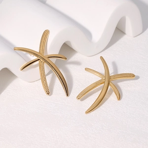 18k gold plated stainless steel starfish cross stud earrings with textured finish