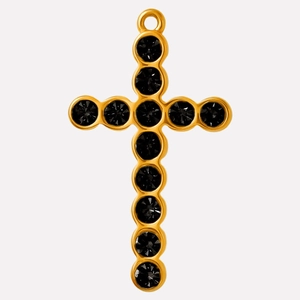 Detailed view of a 304 stainless steel cross pendant with black gemstone inlay
