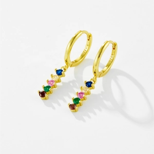 Detail of S925 silver gold-plated hoop earrings with five colorful zircon pendants