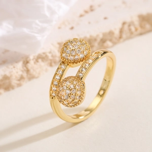 Elegant gold geometric open ring with double ball design and sparkling zircon pavé