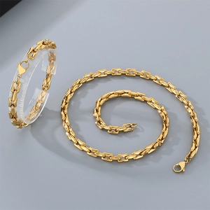 Macro detail of gold stainless steel geometric square link necklace and bracelet set