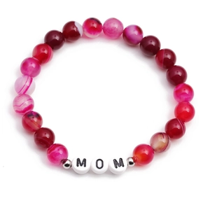 Pink and magenta agate beaded bracelet with MOM letter charms for Mother's Day