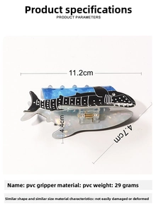 Detailed size parameters of a creative blue shark-shaped PVC hair claw clip