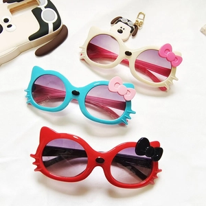 Cute cat-ear kids sunglasses with bow design in beige, blue, and red colors