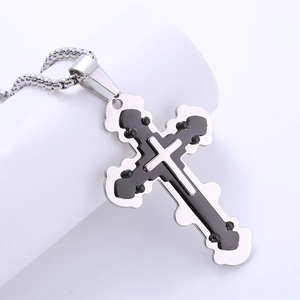 Men's retro stainless steel two-tone cross pendant necklace in silver and black finish