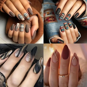 Matte ABS Press On Nails Medium Long Coffin Almond Shape Artificial Fake Nails With Tribal Geometric Lines Fashion Elegant