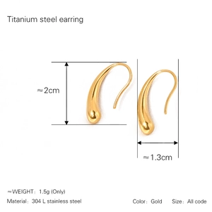 Polished 18K gold teardrop stainless steel earrings for women with product size info