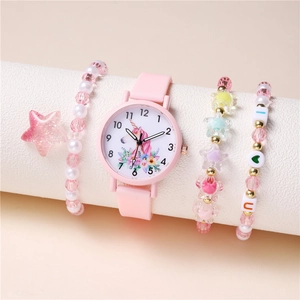 Kids Quartz Watch Pink Silicone Alloy Analog Wristwatch Girls Student Casual Gift Unicorn Flower Pattern