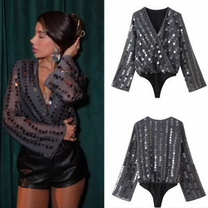 Women Sequin Bodysuit Long Sleeve V Neck Wrap Glitter Evening Party Clubwear Sparkly Charcoal Grey Fashion
