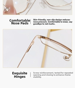 Detail view of anti-slip nose pads and reinforced metal hinges on cat-eye glasses