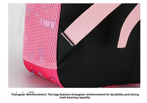 Detail of reinforced triangle stitching on pink children backpack for extra durability