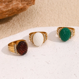 Three vintage 18K gold plated stainless steel rings with colorful acrylic stones and pavé side crystals