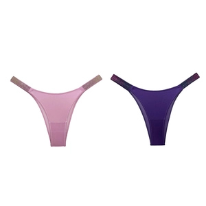 Sexy low-waisted thong for women featuring gradient rhinestones in pink and deep purple