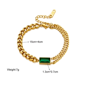 Gold titanium steel asymmetric chain bracelet with green emerald-cut zircon and K18 hallmark