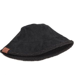 Detailed view of black faux suede texture and warm sherpa lining on a bucket hat