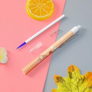 Disassembled retractable erasable gel pen showing blue refill, spring and cartoon barrel