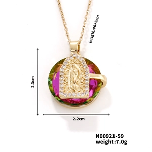 Detailed view of gold necklace featuring a colorful zircon pendant with sizing measurements