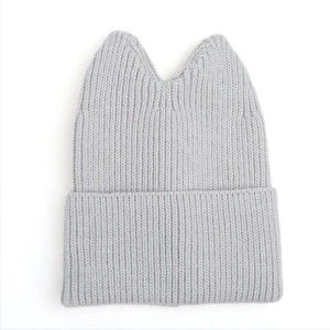 Light gray knit beanie with cute cat ears and warm ribbed texture for children