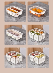 Detailed size comparison of PET plastic fridge organizers with drainage baskets and grids