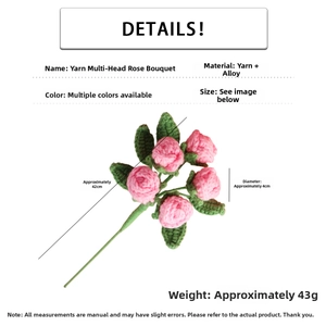 Detailed view of hand-knitted pink rose bouquet with dimensions and material specs