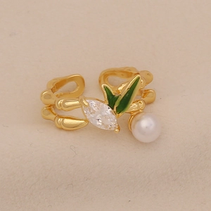 Bamboo style open ring in gold with green enamel leaves, white pearls and sparkling zircons