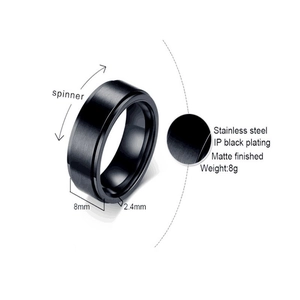 8mm wide black matte spinner ring made of stainless steel with 2.4mm thickness details