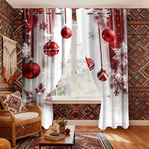 Detail of red and white Christmas velvet curtains with snowflakes and silver metal grommets