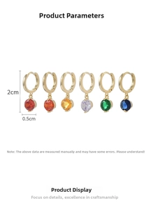 Detailed close-up of six colorful zircon hoop earrings with dimensions 2cm by 0.5cm