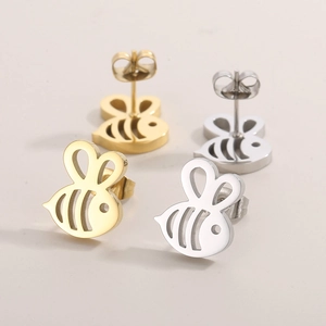 Hollow bee stud earrings in gold and silver stainless steel finish set of two pairs