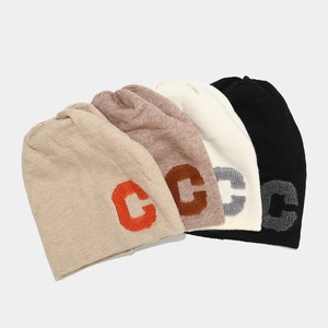 Knit C letter beanie in khaki, beige, cream, and black colors for a casual autumn look