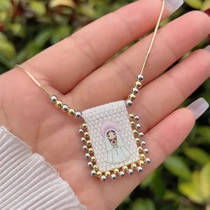 18K gold plated snake chain necklace with a beaded religious cartoon fabric pendant