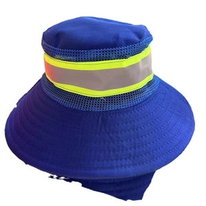 Blue reflective safety sun hat with wide brim and mesh for outdoor sanitation workers