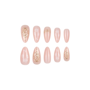 Pink almond press-on nails with 3D gold floral relief and white lace texture