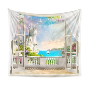Detail of 3D Mediterranean false window tapestry with white castle and ocean view