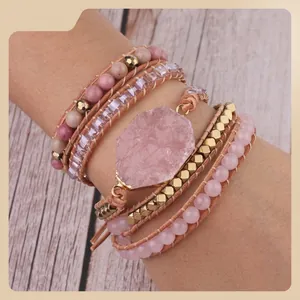 Handmade Rose Quartz Multi Layer Wrap Bracelet Natural Stone Tree Of Life Bohemian Ethnic Jewelry