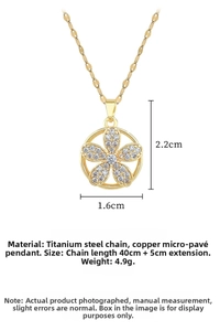 Detail of gold rotating five-petal flower necklace with zircon pavé on a titanium steel chain