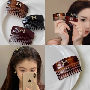 Vintage Acetate Hair Side Comb With Metal Letter Design Tortoiseshell Pattern Hair Insertion Tool For Women