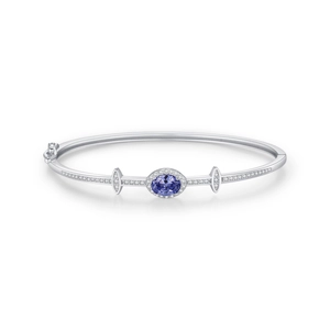S925 sterling silver geometric bracelet with oval blue gemstone and diamond accents