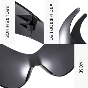 Detail view of Y2K sunglasses showing secure hinges, arc mirror legs and nose pads