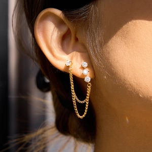 Elegant 18K gold plated stainless steel chain earrings with white zircon accents