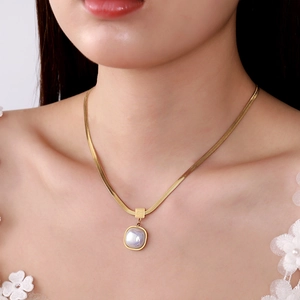 18K gold plated titanium necklace with square mother of pearl pendant and snake chain