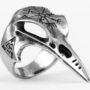 Vintage stainless steel Viking raven skull ring with Vegvisir compass and Valknut symbols