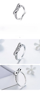Detailed view of S925 sterling silver bow ring with vintage black finish and micro zircon