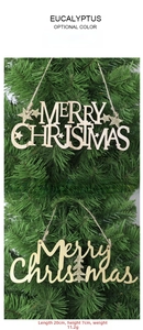 Detailed specs of Merry Christmas wooden signs with gold glitter and hemp hanging ropes