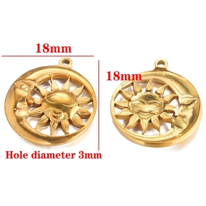 Detailed view of 18mm gold stainless steel sun and moon pendant with dimensions