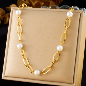 Collier Chaîne En Acier Inoxydable Plaqué Or Avec Künstliche Perles Ras De Cou Élégant Pour Femmes Bijoux Mode