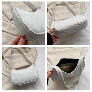 Detail shots of white corduroy shoulder bag showing texture, base, and interior