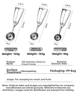 Detailed size chart for 304 stainless steel ice cream scoops in three diverse sizes